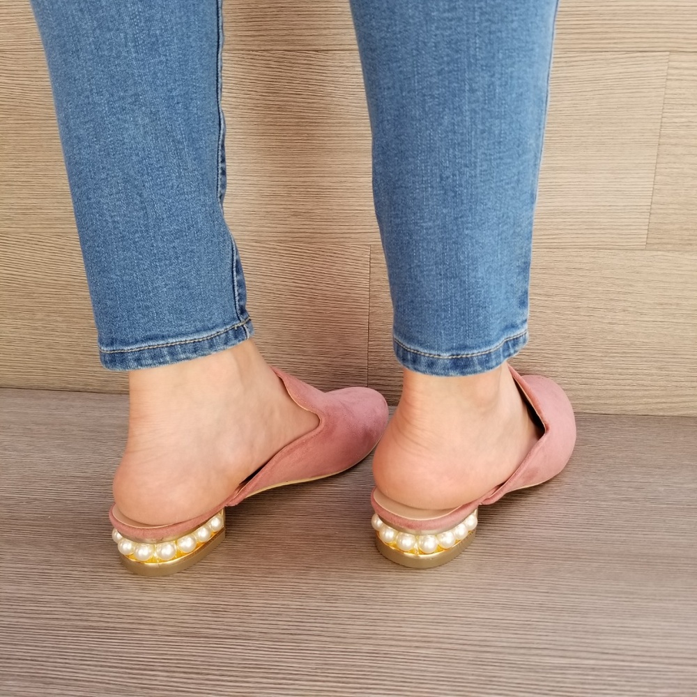 Suede Slip On Loafer Mule Pearl Accents on Heel - Picture 5 of 7